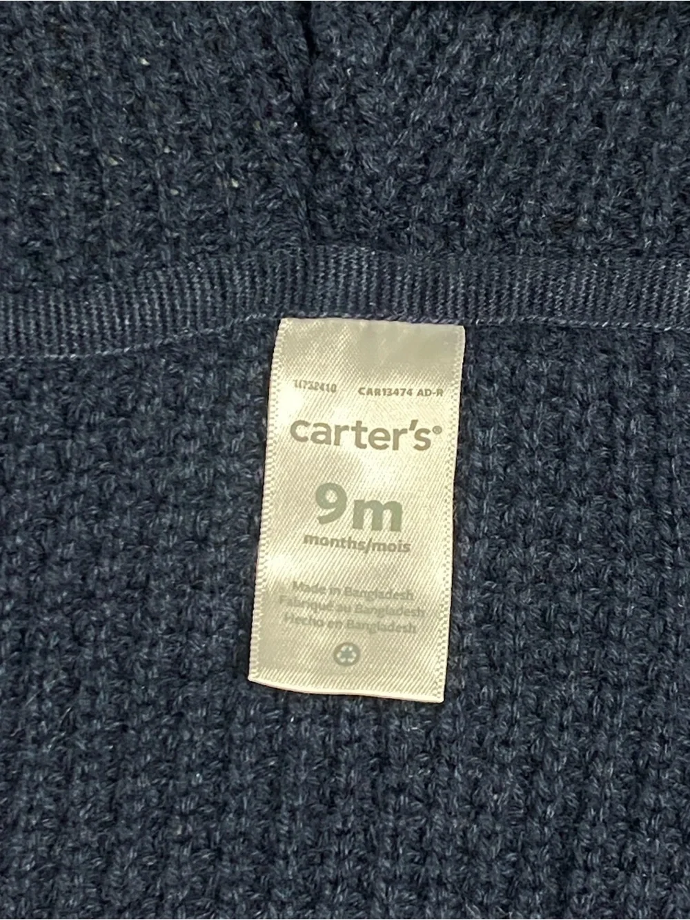 Carter's Navy Hooded Knit Cardigan with Wooden Buttons - Size 9 mo